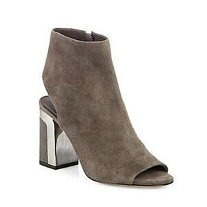 VINCE Fenmore Peep Toe Ankle Bootie Taupe Suede Block Heel Boot